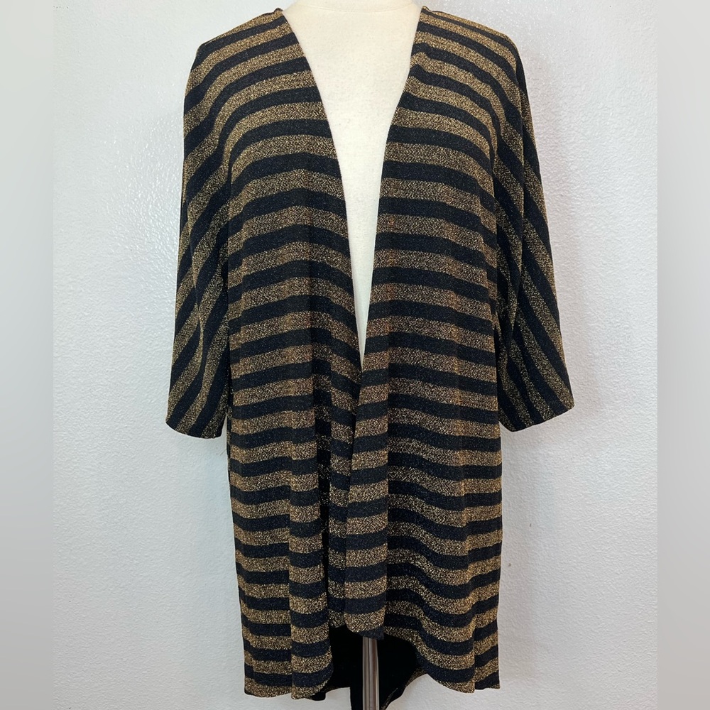 LulaRoe Women's Open Front Lindsey Cardigan Black Shimmering Gold  Striped‎ Sz M